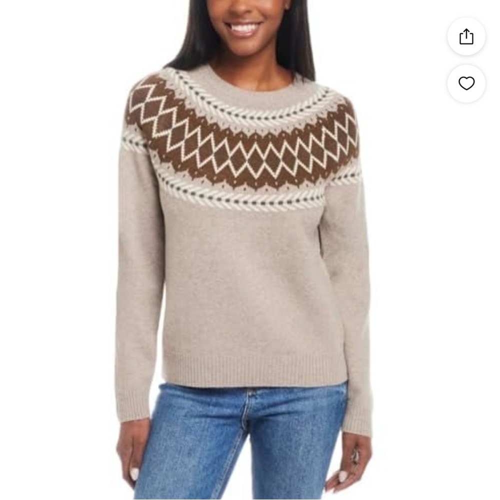 Neutral Fair Isle Crewneck Sweater in Beige and Brown